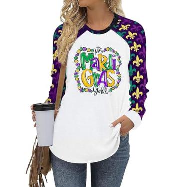 Imagem de Camiseta feminina de manga comprida Carnaval de terça-feira de carnaval de Nova Orleans camiseta pulôver de gola redonda, P1 - It's Mardi Gras Y'all, M