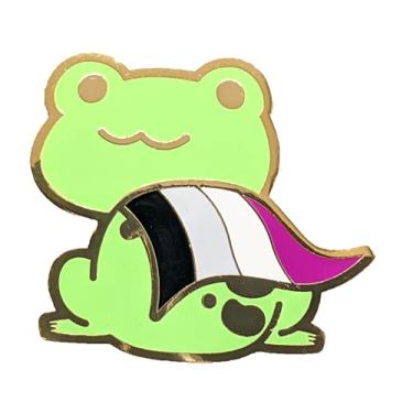 Imagem de Broche de sapo do orgulho assexual em cores da bandeira Ace LGBT+ | Broche de sapo gay de super-herói Chibi, esmalte