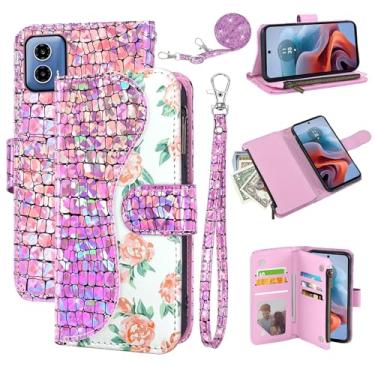 Imagem de Dibosom Capa carteira floral para Motorola Moto G34 5G com alça de pulso alça de ombro flip zíper bolsa porta-cartão, suporte de couro PU de luxo brilhante brilhante brilhante capa de celular para