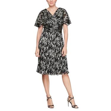 Imagem de S.L. Fashions Vestido feminino midi de manga curta com decote em V e cintura franzida, convidada para casamento, formal, vestido de noite, Preto, dourado, 46