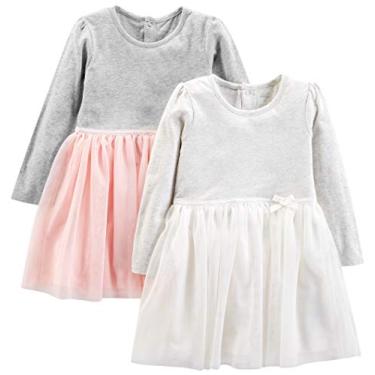 Imagem de Simple Joys by Carter's Pacote com 2 vestidos canelados elásticos para meninas, Rosa/cinza, 5 Anos