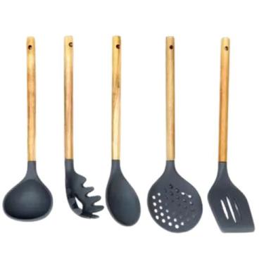 Imagem de Conjunto de utensílios de Teflon com cabo Madeira 5 Pç Elite