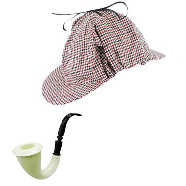 Imagem de NOVELTY GIANT WWW.NOVELTYGIANT.COM Chapéu clássico de fantasia de detetive Houndstooth Deerstalker vermelho e preto com cachimbo de fantasia, Vermelho, preto., G