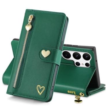 Imagem de HJZSZX Para Samsung S23 Ultra Cordão Couro Zip Carteira Cartão Capa de Telefone Flip Stand Cover (Para Samsung S23 Ultra/Verde Escuro)