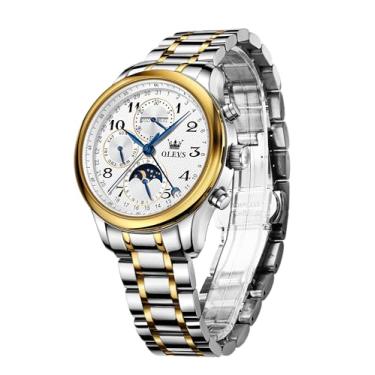 Imagem de OLEVS Relógios automáticos masculinos com vários calendários, fase da lua, à prova d'água, 3 ATM, relógio de pulso clássico de luxo, ouro e branco