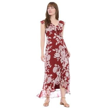 Imagem de London Times Vestido longo feminino de chiffon com babados e babados para convidadas de casamento, Vinho/branco macio, 50