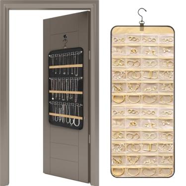 Imagem de Organizador de joias para pendurar, rolo de armazenamento de joias de dupla face para brincos, colares, anéis, suporte de joias com gancho giratório para porta de parede de armário (preto)