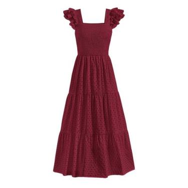 Imagem de Vestido maxi feminino PRETTYGARDEN com ilhó de gola quadrada, vinho ti