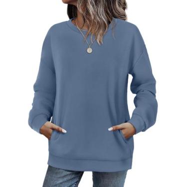 Imagem de Moletom WIHOLL com gola redonda feminina de manga comprida azul tamanh
