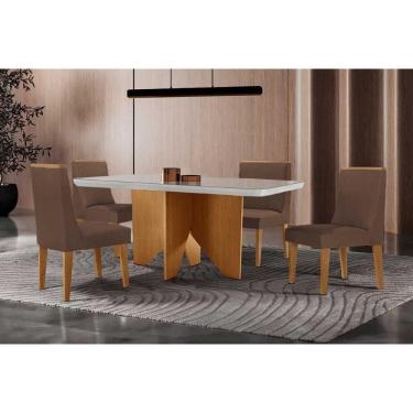 Imagem de Conjunto Sala de Jantar Nevada c/ Tampo Madeirado c/ Vidro Canto Curvo 120x80cm e 4 Cadeiras Dakota Madeira Maciça Naturale/Off White - Capuccino/Sued