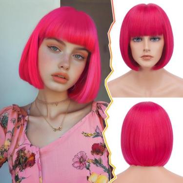 Imagem de Peruca BARSDAR Hot Pink Bob 30 cm com franja, cabelo sintético feminin