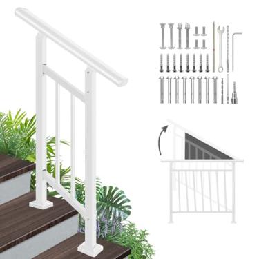 Imagem de Corrimãos ajustáveis para degraus ao ar livre – corrimão de escada de metal branco com kit de instalação, corrimão de 2 degraus ou uso horizontal, trilhos de mão de ferro forjado para degraus ao ar