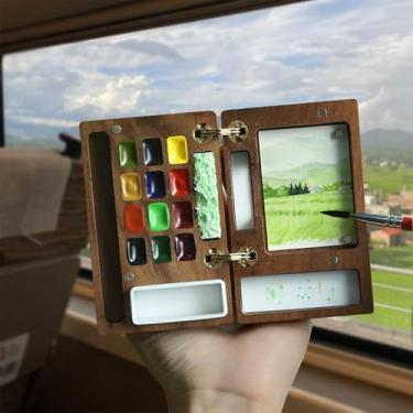 Imagem de AUK Mini conjunto de tinta aquarela de viagem para artistas adultos, kit de pintura de aquarelas de madeira portátil de bolso contém caneta de desenho, papel, esponja, balde de lavagem