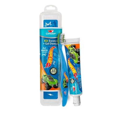 Imagem de Kit Escova + Gel Dental Condor Kids Hot Wheels com Flúor Tutti Frutti 50g e Ganhe Estojo Protetor