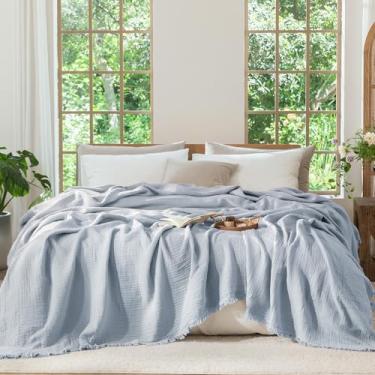 Imagem de MooMee Cobertor de musselina - Cobertor de gaze 100% algodão de 4 camadas com borlas ultramacio respirável leve refrescante para sofá (azul escuro, King 264 x 228 cm)