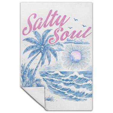 Imagem de Exqcom Toalhas de cozinha costeiras de verão, toalhas de mão de praia costeiras retrô para banheiro, cozinha, salty sou, azul, litoral, praia, toalhas de prato decorativas, pano de secagem, 40 x 61 cm