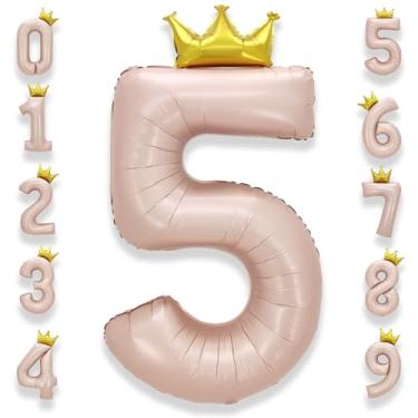 Imagem de AULE Número de balões rosa grande de 101 cm com coroa grande número de hélio balões 0-9 jumbo gigante feliz 5º aniversário decorações de festa enorme Mylar artigos de festa de aniversário