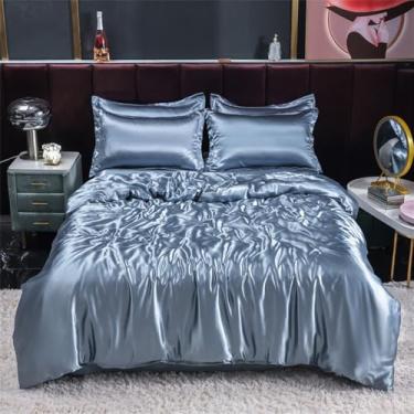 Imagem de XLCZMYL Jogo de cama de seda de cetim com capa de edredom, fronhas de cama de casal sólido solteiro, lençol de cama azul embaçado, lençol de algodão 180 x 220 4 peças