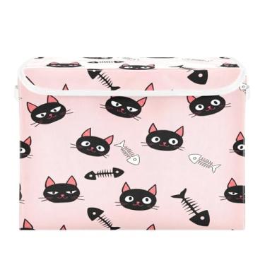 Imagem de Wassud Cestas de armazenamento com tampas, esqueletos de gato e peixe, cestas organizadoras de tecido empilháveis dobráveis para armário, 40 x 30 x 30 cm, recipientes dobráveis de armazenamento