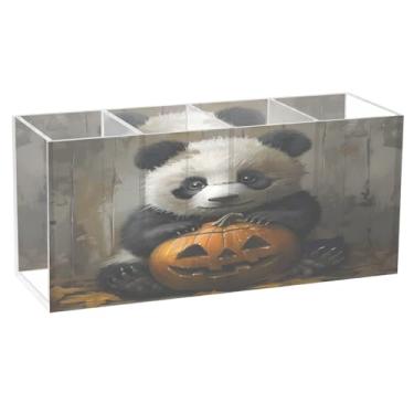 Imagem de CEBUGI Porta-lápis de acrílico transparente com 4 compartimentos, organizador de pincéis de maquiagem de panda do Dia das Bruxas para armazenamento em mesa de escritório em casa