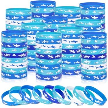 Imagem de Moon Boat 100Pcs Shark Silicone Bracelets Bulk, Under the Sea Blue and White Ocean Rubber Wristbands Party Favors Goodie Bag Stuffers Birthday Gifts Supplies (9 Designs)