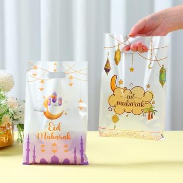 Imagem de 25 peças de sacos de presente Eid Mubarak, estampa colorida de mesquita muçulmana, tema do Ramadã, sacolas de doces de plástico com alça, bolsa de lanche para lembrancinhas de festa islâmicas