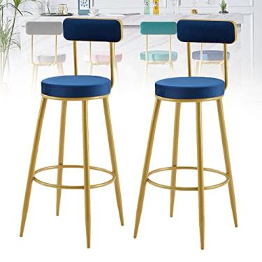 Imagem de Conjunto de 2 bancos de bar para cozinha, cadeiras de bar com altura de 65 cm com encosto alto, bancos de veludo para cozinha com pernas de metal dourado