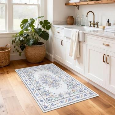 Imagem de GarveeHome Tapete botânico 5 x 7 cm para cabeceira, tapetes florais vintage, lavável à máquina, antiderrapante, tapete com detalhe de flor, boho, bordado, corredor, tapete pequeno para entrada de