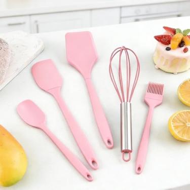 Imagem de Conjunto de espátula de silicone de 5 peças, ferramenta de cozinha não pegajosa, conjunto de utensílios de cozinha, raspadores antiaderentes, para fritar, mexer e servir, rosa