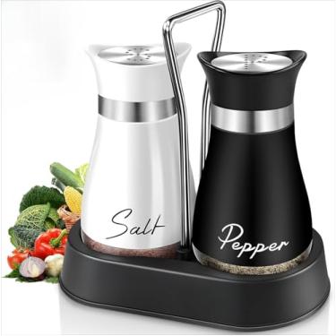 Imagem de Conjunto de 2 saleiros e pimenteiros, aço inoxidável com garrafa de vidro para mesa, trailer, acampamento, churrasco (preto e branco)