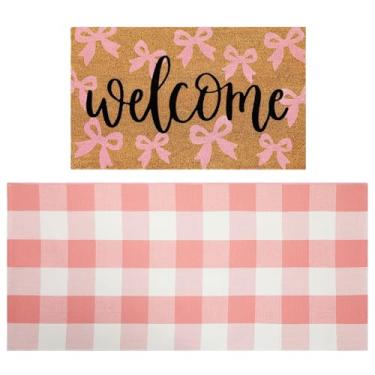 Imagem de Maasechs 2 capacho de boas-vindas com laço rosa 61 x 128 cm, tapete xadrez rosa branco e externo e 45 x 71 cm, tapete de boas-vindas com laço coquete, tapete de boas-vindas antiderrapante para entrada