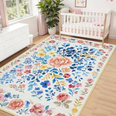 Imagem de Lacomfy Tapete floral 10 x 15 cm vintage floral macio para sala de estar azul boho antiderrapante tapete de piso interno rosa lavável tapete de lã sintética para quarto meninas berçário sala de jogos