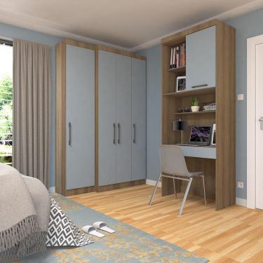 Imagem de Quarto Home Office Com Guarda Roupas E Bancada De Estudos Paris Luciane Móveis Avelã Pf Com Grey Sky Pf