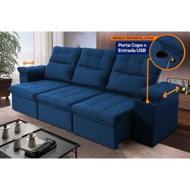 Imagem de Sofá Retrátil Reclinável Verona Usb E Porta Copo 2,30m Azul