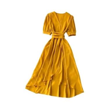 Imagem de Vestido Feminino Com Decote Em V, Cor Sólida, Manga Bufante, Borda Irr