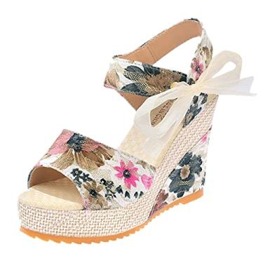 Imagem de Sandálias anabela para mulheres flor com cadarço plataforma sapatos calçados cunhas moda feminina sandálias femininas, Rosa choque, 8