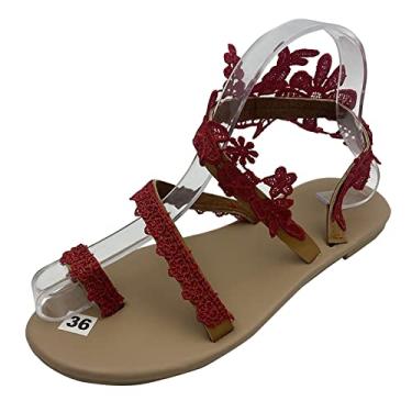 Imagem de Sandálias femininas com clipe plano de dedo do pé casual renda floral praia chinelos confortáveis verão elegante anel de dedo do pé sandálias romanas vestido confortável, vermelho, 39 EU/8 EUA