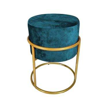 Imagem de Puff Decorativo Redondo Base De Ferro Dourada Tecido Veludo Azul