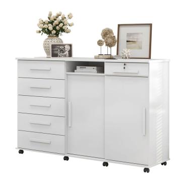 Imagem de Cômoda Max Branco 02 Portas Correr 06 Gavetas Com Chaves, Porta Joia E Espelhos