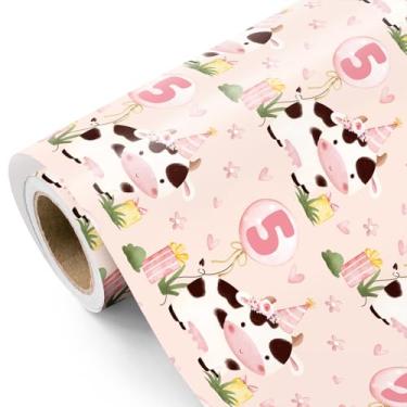 Imagem de WRAPAHOLIC Papel de embrulho de 5º aniversário para meninas - Mini rolo - 43 cm x 40 cm - balão de 5º aniversário e papel de embrulho de vaca fofo perfeito para crianças, meninas, chá de bebê