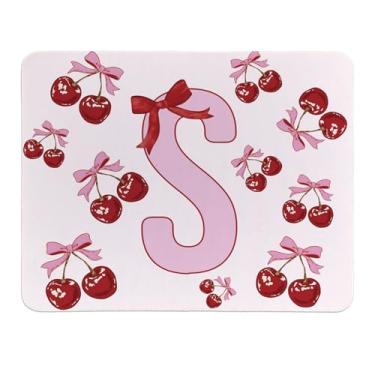 Imagem de Rusenbao Lindo mouse pad de cereja personalizado, pequeno e fofo coquete rosa com laço para mulheres e meninas, mousepads iniciais personalizáveis para laptop, computador, escritório, 24 x 19 cm
