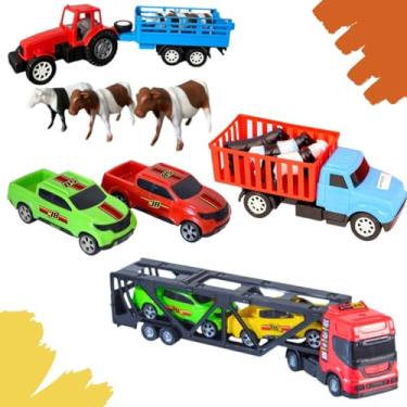 Imagem de Kit Brinquedo 2 Pickups 1 Cegonheiro Com 2 Pickups 1 Caminhão Boiadeiro 1 Trator Fazenda Com 3 Bois Articulável Menino