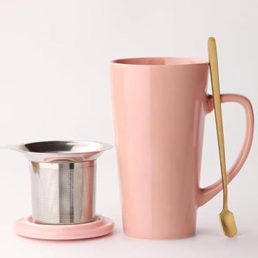 Imagem de MIWARE Caneca de chá de porcelana de 425 g com infusor, tampa e colher, xícara de chá de folha solta (rosa)