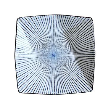 Imagem de Prato de serviço pratos de jantar de porcelana de 25 cm elegante listrado prato de cerâmica redondo para salada, bife, sobremesa e macarrão, pratos de estilo japonês (azul)