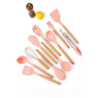 Imagem de GlowArk Conjunto de utensílios de cozinha de silicone de 12 peças: Resistente ao calor até 230 °C. Inclui espátula, pinça, espátula, escova, batedor, alças de madeira, suporte para panelas