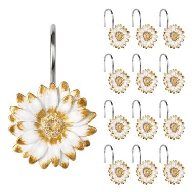 Imagem de Sunlit Ganchos de cortina de chuveiro margarida, anéis decorativos de cortina de chuveiro para banheiro, resina, ganchos de cortina de chuveiro florais para sala de estar, conjunto de 12, branco e