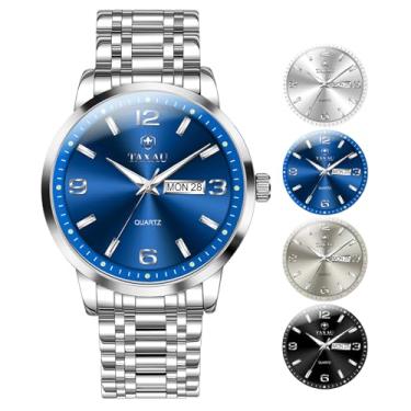 Imagem de Taxau Relógio masculino prata grande à prova d'água relógio analógico quartzo masculino relógios de pulso masculinos de aço inoxidável de luxo fácil de ler com data do dia Reloj para Hombre