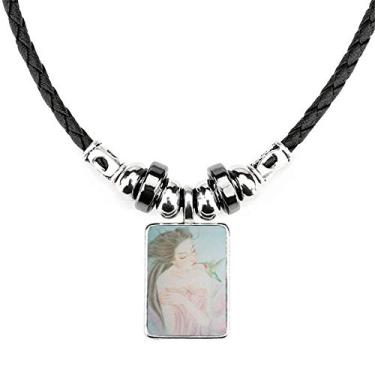 Imagem de DIYthinker Colar de Aquarela de Estilo Chinês Beleza com Pássaro, Joia de Torque de Couro Pingente