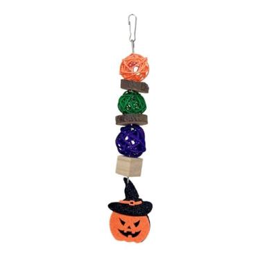 Imagem de Decoração de abóbora de Halloween para periquitos Brinquedo de maçãs de madeira, madeira de pinho, bola de rattan, acessórios de material de feltro brinquedos para mastigar pássaro (Chapéu de abóbora)