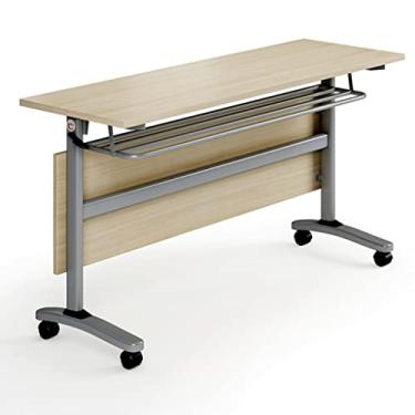 Imagem de Mesa de treinamento móvel com rack de armazenamento para salas de conferência, salas de treinamento, centros de mídia, salas de aula, salas de centro comunitário (cor: madeira, tamanho: 160 * 50 * 75